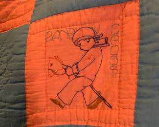 #155	Hand-Embroidered Blocks w/nursery Rhyme Blocks on Pink w/Blue Squares w/scalloped edges - Hand-Quilted - Very Old - 64x76	 $75.00 