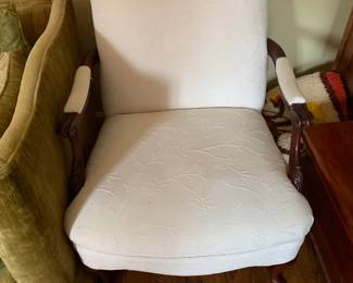 #2	White Upholstered Wood Arm Chair	 $75.00 