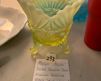 #293	Mosser Footed Spooner Vase uranium Vaseline Glass "Eye Winker"	 $40.00 