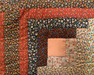 #159	Brown/Peach Cream Calico Log Cabin Hand-Quilted w/polyester Batting - 68x96	 $65.00 