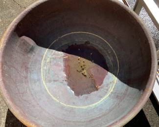 #230	large copper pot with iron holder as is welded bottom 26x15	 $100.00 