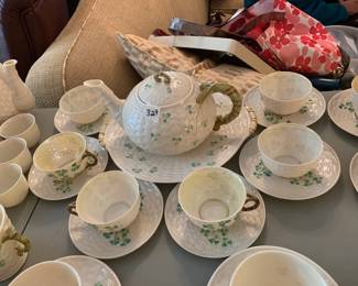 #329	Vintage 14 pc Belleek Black Marked Basketweave Tea Set	 $125.00 