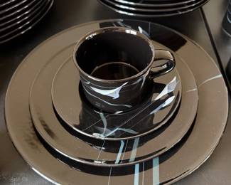 1980s Mikasa Galleria Opus Black Calla Lily Dish Set. 10 place setting plus serving pieces