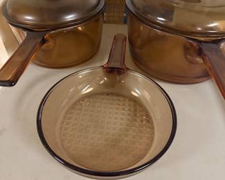 Vintage Corning Vision Frying Pan Skillet 7' Waffle Bottom Amber. Pair of vintage Corning Visions amber pots
