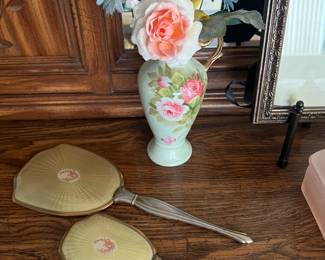 Vintage Mirror and Brush set, vintage vase