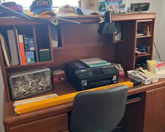 office desk, chair, office supplies, cap collection