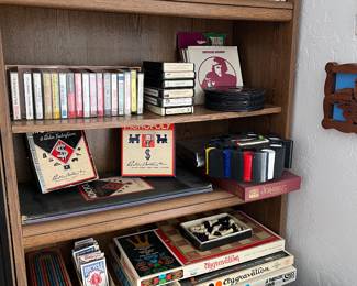 cds, cassette tapes, 8 track tapes, 45's, a few albums, board games