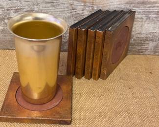 Wood and leather cup coasters
