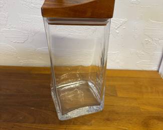 Nambe glass container with wooden top and classic Nambe handle