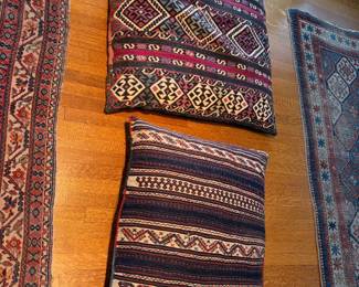 Kilim pillow with diamond pattern. 36" square.  Kilim rug with striped pattern.  36" x 28".  Small tear in this one.  Photo follows.