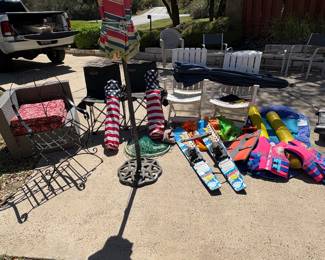 Outdoor Items for Everyone, Chairs, umbrellas, life jackets, beginner skis, wrought iron chair, pool noodles