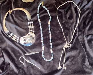 Miriam Haskell Blue Clay Bead Necklace, Rhinestone Lariat Flapper-Style Necklace,Multi-Strand Statement Necklace!