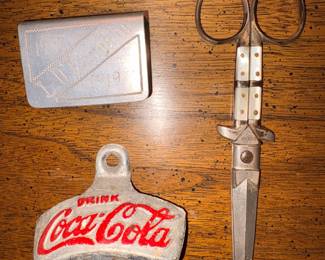 Rare Prostitute Scissors  W/Dagger And Mother Of Pearl Handle, WWI Trench Art, Vtg MCM Star X Coca Cola Bottle Opener!