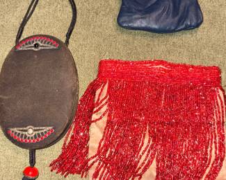 Art Deco Suede Tasseled Handbag, Beaded Fringe Handbag & Leather Coin Purse!