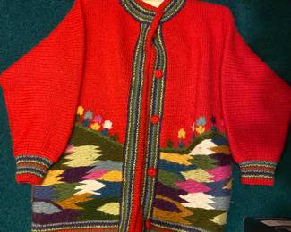 Vtg Red Wool Button Down Sweater W/Flowers