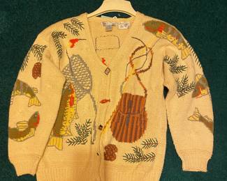 Vtg Raphels Hand Knit Cotton Seater Fishing Theme