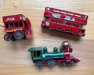 Vtg. Lesney No. 12 Lipton’s Tea Horse Drawn Bus, Vtg. Models of Yesteryear No. 13 American Santa Fe Locomotive 4-4-0  & No. 3 London Trolleybus