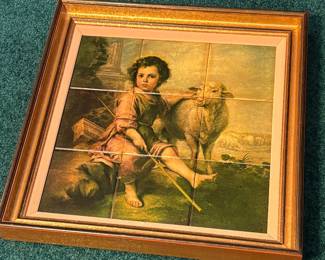 “The Good Shepard” Hand-Painted Glazed Ceramic Tiles Mounted w/Frame Spain 