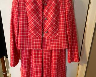 Vtg George Halley For Saks Fifth Avenue Salmon Plaid Dress & Jacket W/Rhinestone Buttons