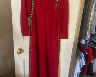 Vtg Saks Fifth Avenue Red Maxi Dress W/Green/White & Pearl Rhinestones