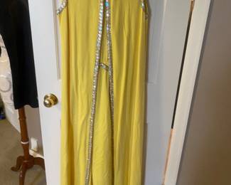 Vtg Yellow Maxi Dress W/Vest And Rhinestones