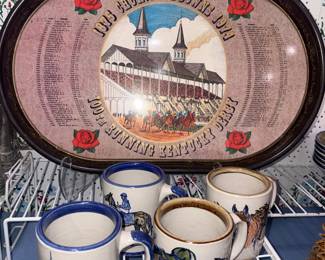 Louisville Stoneware Kentucky Derby Mugs Set Of 4, VTG 100th Anniversary (1875-1974) Kentucky Derby Commemorative Tray!