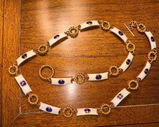 Vtg Gucci White Enamel Blue/Gold GG Stamped Italy & Gucci