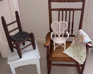 Vtg Wood w/Cane Seat Rocking Chair, Doll Seats & White Accent Table!