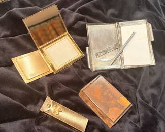 Vtg Engraved Card/Note Pad Case & Pen, Vtg Mother of Pearl Mirrored Compact, Vtg Brass Gum/Lighter Holder, Antique Negative Photograph on Copper Printing Plate!