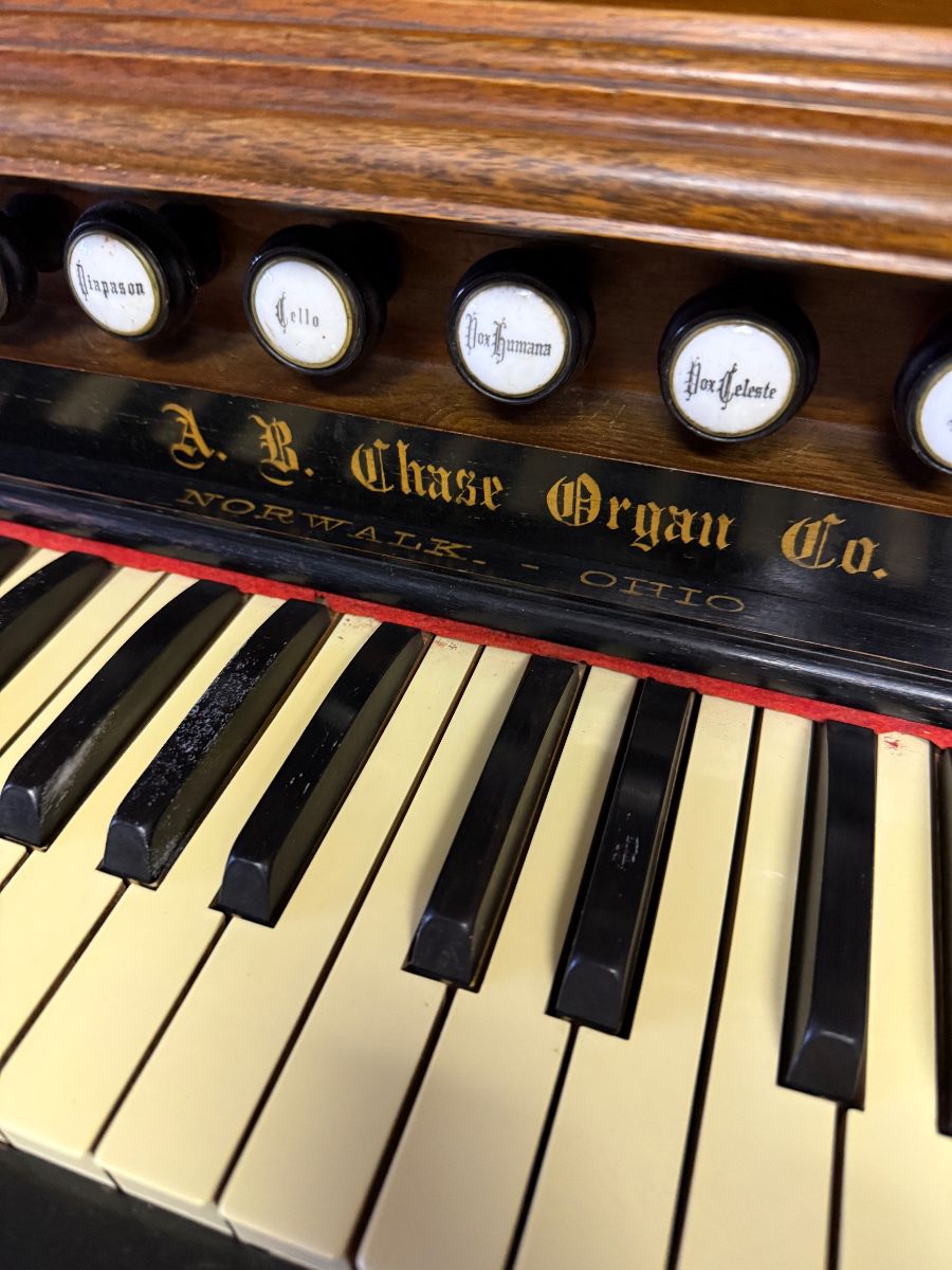 Peerless Pump Organ, Circa 1900 by A. B Chase Organ Co. Patented Pipe cone action, Oak hardwood case with quality craftsmanship, Sound is heard when pumping pedals, weight of organ is very reasonable makes it easy to move around. measures 52" W, 24"D, 52" h