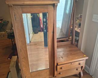 beautiful antique coat closet and attached mirror and foot sitting apparatus with storage One of a kind beautiful unit