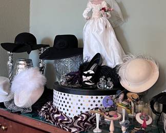 Vintage Hats, Perfume Bottles, Hat and Handbag Ornaments, Bride Dolls, Vintage Hat Boxes