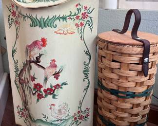 Toleware Coal Bin Featuring Handpainted Rooster and Chicken Design