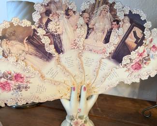Vintage Victorian-Image Wedding Fan with Porcelain Hand