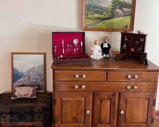 O'Hearn Sugar Maple Buffet, Assorted Art, Vintage Trunk