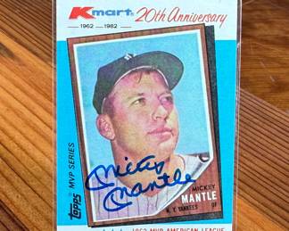 This lot features a 1982 Topps Kmart 20th Anniversary Mickey Mantle autographed baseball card, listed as Series 1 #1. Authenticated by Heritage as shown in photos.