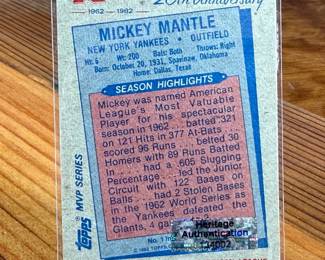 This lot features a 1982 Topps Kmart 20th Anniversary Mickey Mantle autographed baseball card, listed as Series 1 #1. Authenticated by Heritage as shown in photos.