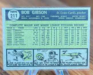 This lot features a 1961 Topps Bob Gibson #211 baseball card featuring the Hall of Fame pitcher for the St. Louis Cardinals. 