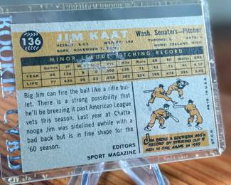 This lot features a vintage 1960 Topps “Sport Magazine Rookie Star” baseball card featuring pitcher Jim Kaat of the Washington Senators. 