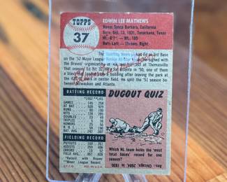 This lot features a 1953 Topps #37 Eddie Mathews baseball card. 