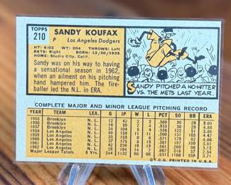 This lot features a 1963 Topps #210 Sandy Koufax baseball card, featuring the Los Angeles Dodgers pitcher. 