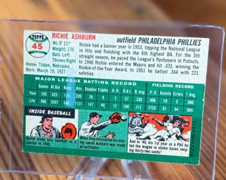 This lot features a 1954 Topps Richie Ashburn #45 baseball card. Richie Ashburn played as an outfielder for the Philadelphia Phillies. 