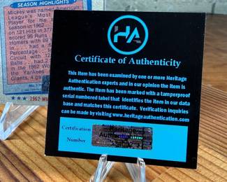 This lot features a 1982 Topps Kmart 20th Anniversary Mickey Mantle autographed baseball card, listed as Series 1 #1. Authenticated by Heritage as shown in photos.