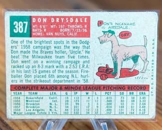 This lot features a 1959 Topps baseball card featuring Hall of Fame pitcher Don Drysdale of the Los Angeles Dodgers. 