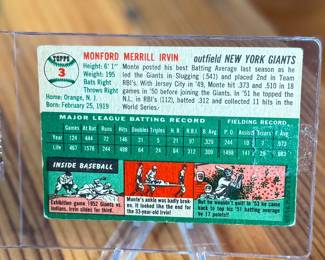 This lot features a 1954 Topps #3 Monte Irvin baseball card featuring the Hall of Fame outfielder for the New York Giants. 