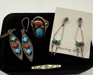 Lot #19 Sterling Silver Southwestern Jewelry Lot β Turquoise & Coral Inlay Earrings, Sterling Silver Dangle Earrings, Turquoise