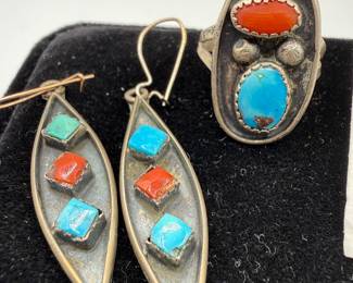 Lot #19 Sterling Silver Southwestern Jewelry Lot β Turquoise & Coral Inlay Earrings, Sterling Silver Dangle Earrings, Turquoise