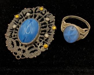 Lot #30 Vintage Blue Glass Jewelry Set β Filigree Brooch & Blue Stone Ring, Antique Style Brooch, Vintage Costume Jewelry