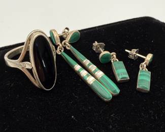 Lot #20 Vintage Malachite Jewelry Lot β Malachite Earrings, Malachite Ring & Stone Dangle Earrings, Green Gemstone Estate Jewelr