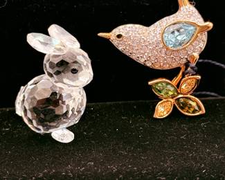 Lot #38 Swarovski Crystal Bunny Figurine & Swarovski Bird Pin β Swarovski Collectible Crystal Animal Figure and Rhinestone Brooc